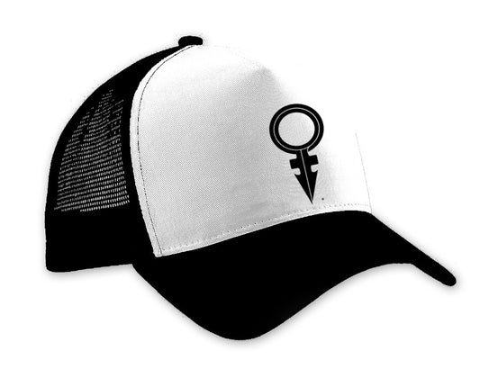 ANDROGYNOUS SYMBOL BLACK ON BLACK/WHITE/BLACK PRINTED-5 PANEL - CAP