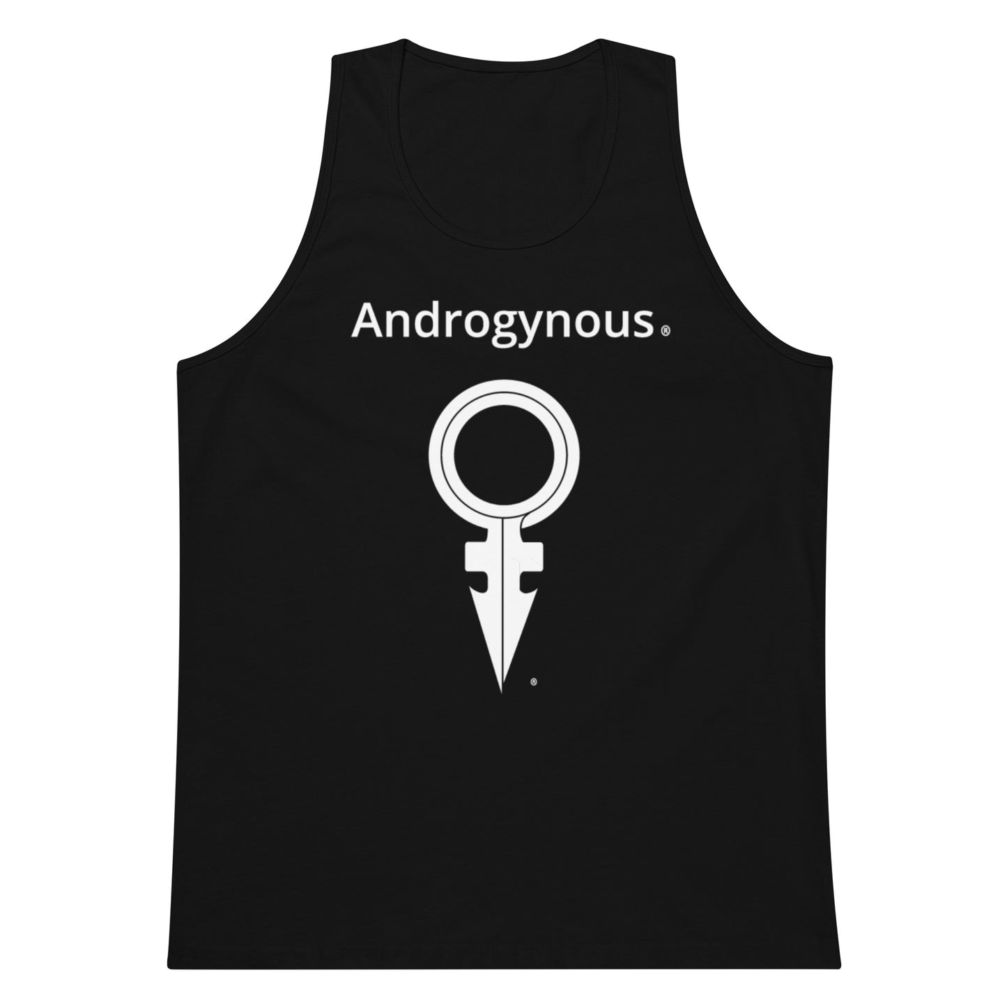 ANDROGYNOUS + SYMBOL WHITE ON BLACK PRINTED RINGSPUN Men’s premium tank top