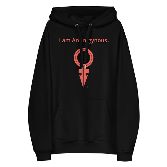 I AM ANDROGYNOUS + SYMBOL RED ON BLACK PRINTED RINGSPUN Premium eco hoodie