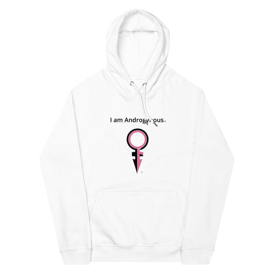 I AM ANDROGYNOUS + SYMBOL PINK ON WHITE PRINTED RINGSPUN Unisex eco raglan hoodie