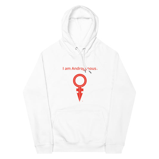 I AM ANDROGYNOUS + SYMBOL RED ON WHITE PRINTED RINGSPUN Unisex eco raglan hoodie