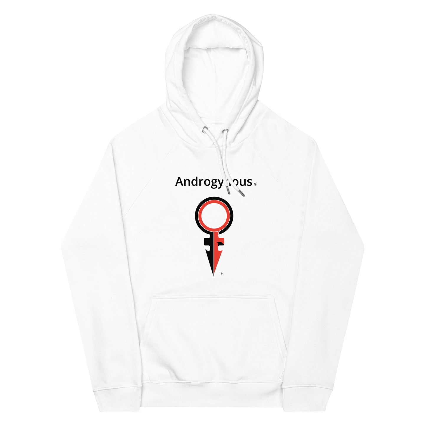 ANDROGYNOUS + SYMBOL BLACK AND RED ON WHITE PRINTED RINGSPUN Unisex eco raglan hoodie