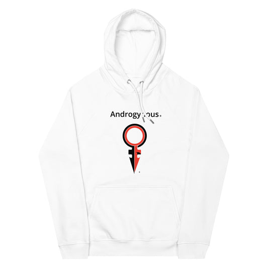 ANDROGYNOUS + SYMBOL BLACK AND RED ON WHITE PRINTED RINGSPUN Unisex eco raglan hoodie