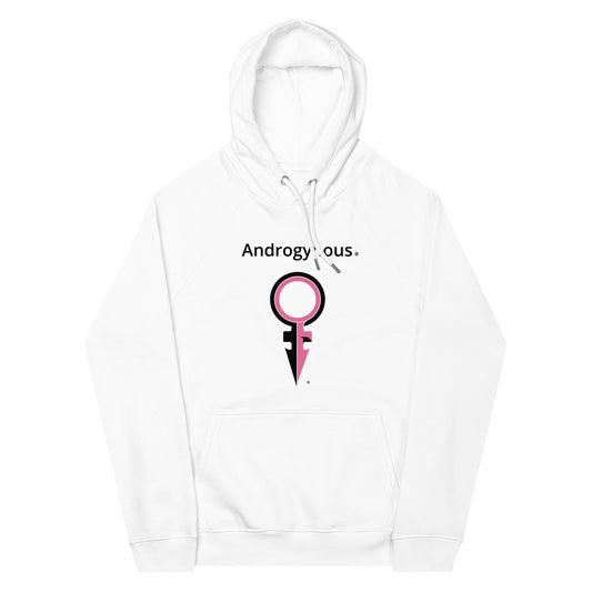 ANDROGYNOUS + SYMBOL PINK ON WHITE PRINTED RINGSPUN Unisex eco raglan hoodie