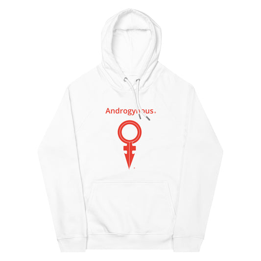 ANDROGYNOUS + SYMBOL RED ON WHITE PRINTED RINGSPUN Unisex eco raglan hoodie