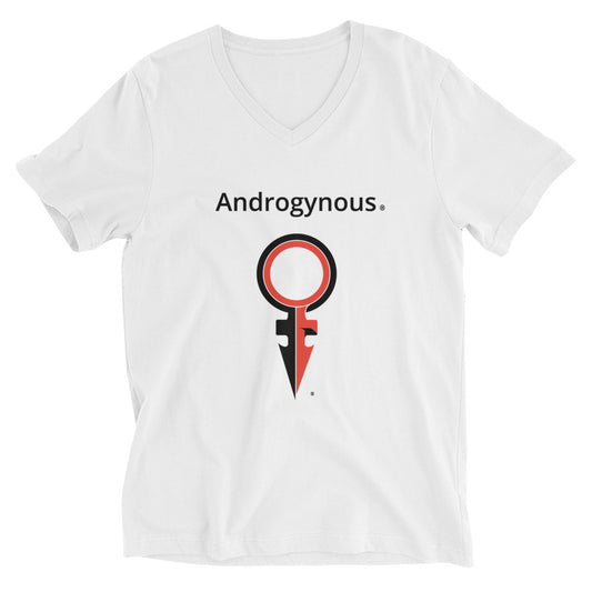 ANDROGYNOUS + SYMBOL BLACK AND RED ON WHITE PRINTED Unisex Short Sleeve V-Neck T-Shirt