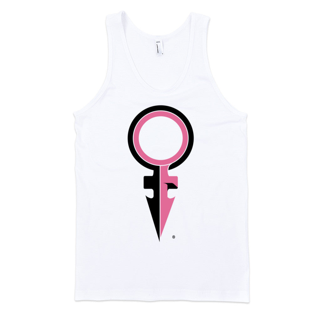 ANDROGYNOUS SYMBOL PINK AND BLACK ON WHITE PRINTED FINE JERSEY COTTON-T-SHIRT