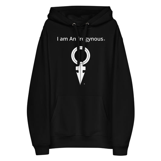 I AM ANDROGYNOUS + SYMBOL WHITE ON BLACK PRINTED RINGSPUN Premium eco hoodie