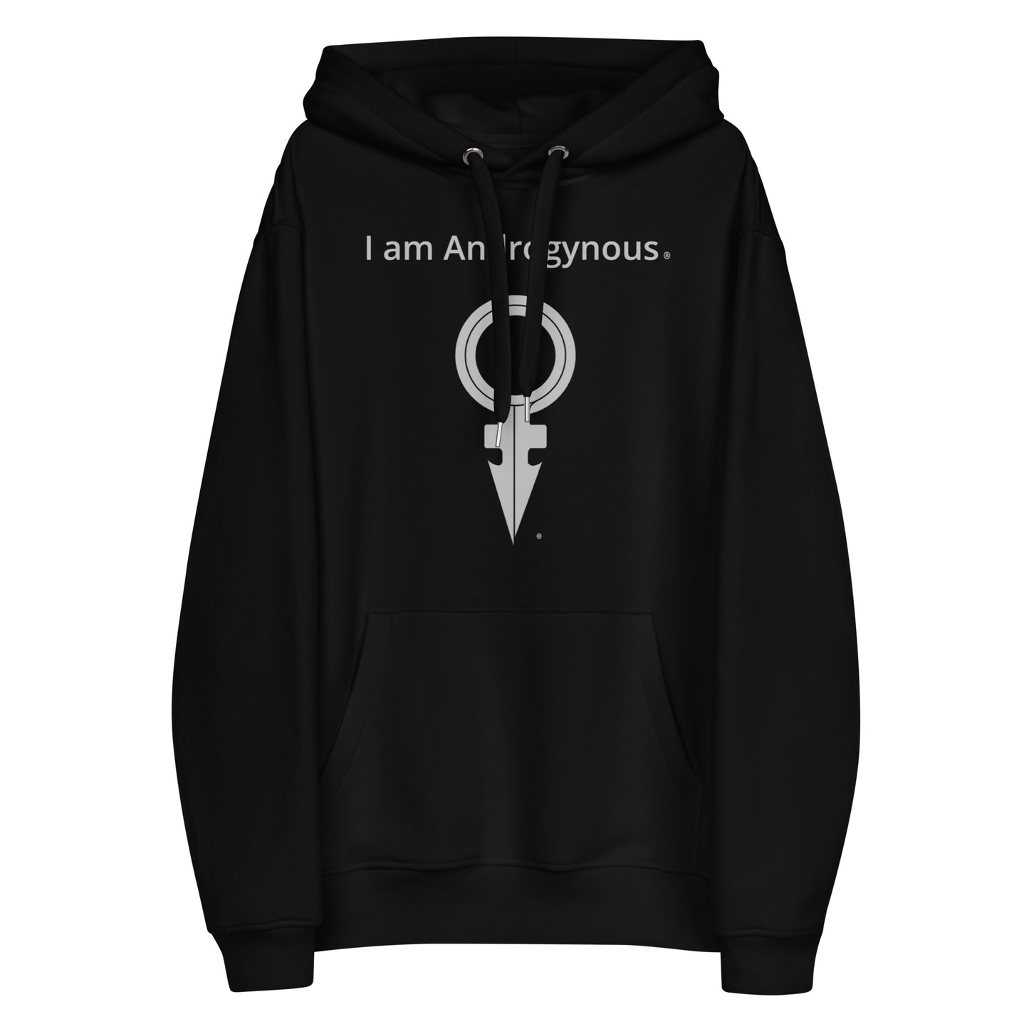 I AM ANDROGYNOUS + SYMBOL SILVER ON BLACK PRINTED RINGSPUN Premium eco hoodie