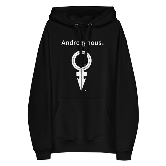 ANDROGYNOUS + SYMBOL WHITE ON BLACK PRINTED RINGSPUN Premium eco hoodie