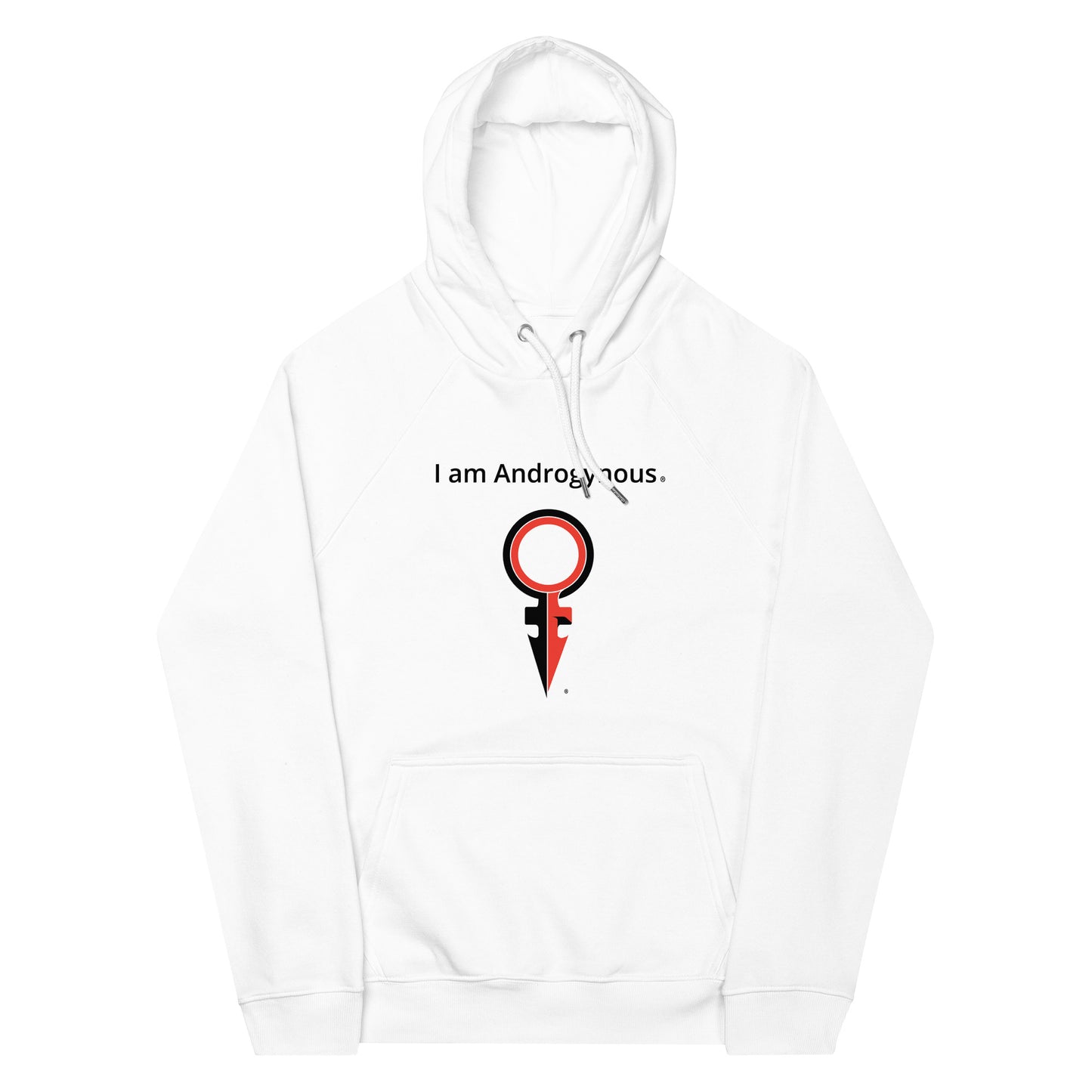 I AM ANDROGYNOUS + SYMBOL BLACK AND RED ON WHITE PRINTED RINGSPUN Unisex eco raglan hoodie