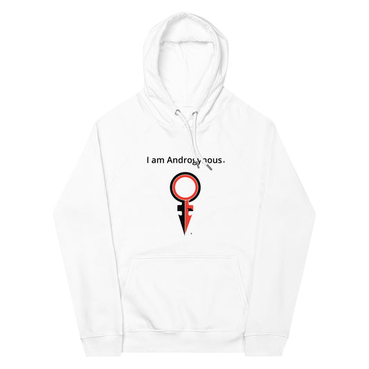 I AM ANDROGYNOUS + SYMBOL BLACK AND RED ON WHITE PRINTED RINGSPUN Unisex eco raglan hoodie