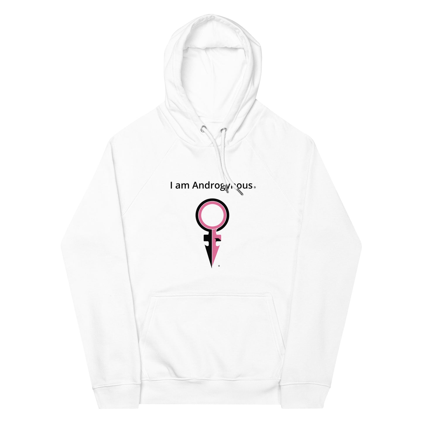 I AM ANDROGYNOUS + SYMBOL PINK ON WHITE PRINTED RINGSPUN Unisex eco raglan hoodie