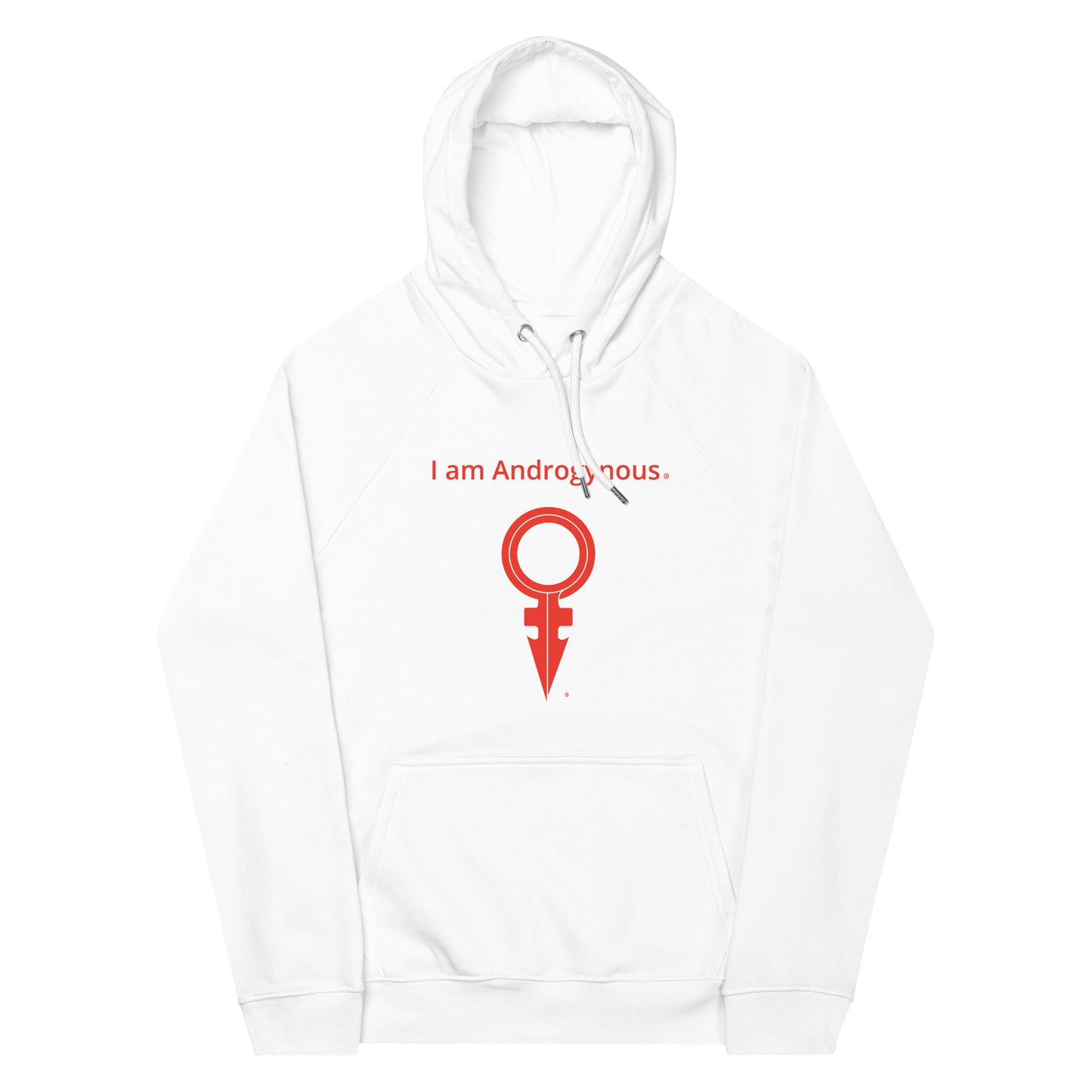 I AM ANDROGYNOUS + SYMBOL RED ON WHITE PRINTED RINGSPUN Unisex eco raglan hoodie