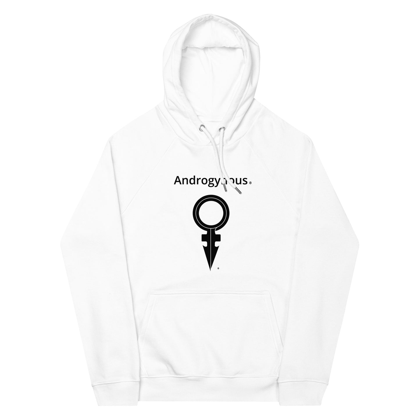 ANDROGYNOUS + SYMBOL BLACK ON WHITE PRINTED RINGSPUN Unisex eco raglan hoodie
