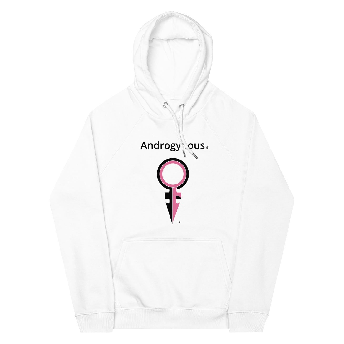 ANDROGYNOUS + SYMBOL PINK ON WHITE PRINTED RINGSPUN Unisex eco raglan hoodie