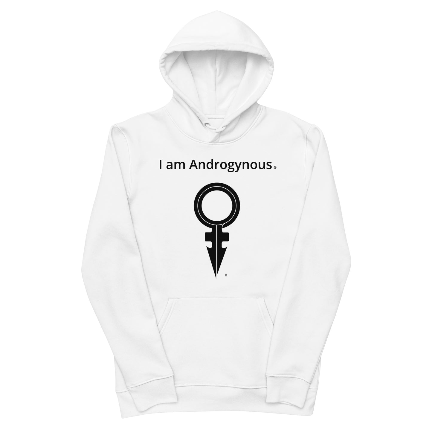 I AM ANDROGYNOUS + SYMBOL BLACK ON WHITE PRINTED RINGSPUN Unisex essential eco hoodie