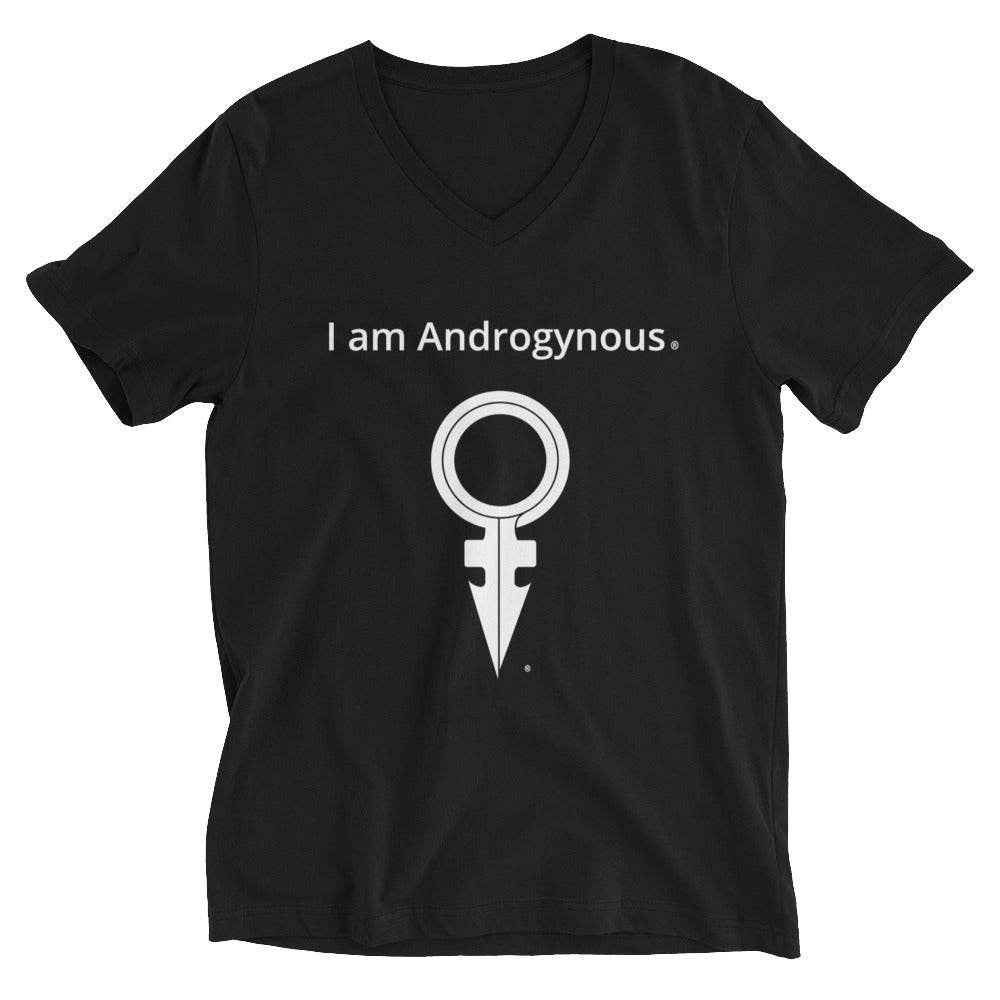 I AM ANDROGYNOUS + SYMBOL WHITE ON BLACK PRINTED Unisex Short Sleeve V-Neck T-Shirt