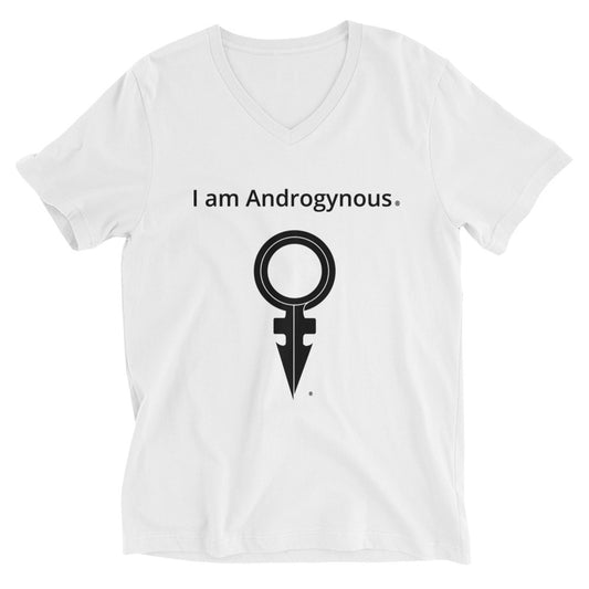 I AM ANDROGYNOUS + SYMBOL BLACK ON WHITE PRINTED Unisex Short Sleeve V-Neck T-Shirt